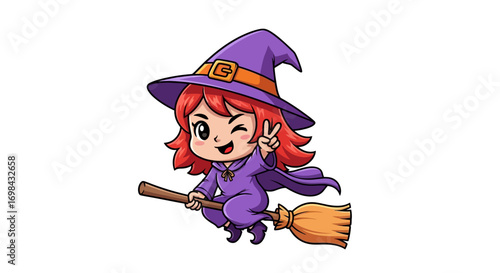 Cartoon witch with red hair wearing a purple hat and robe, flying on a broomstick and winking.