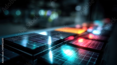 A near view of a freshly produced solar panel glistening under industrial lights illustrating the smooth interface between perovskite and tandem layers that contribute to the high efficiency