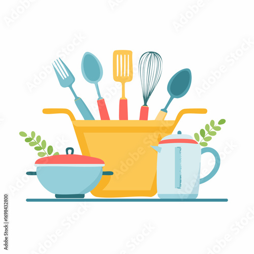Kitchenware set. Kitchen utensils, supplies, tools, equipment, cutlery. Cook appliances and accessories collection.