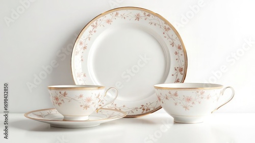 Elegant tea set with floral design featuring a plate and two cups on a white surface background