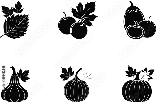 Fruit and vegetable silhouette vector, black and white, harvest elements, pumpkin, tomato, eggplant, leaf design, organic produce, botanical clipart, farm illustration