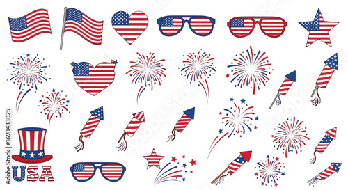 A collection of patriotic American symbols including flags, fireworks, rockets, sunglasses, a heart, a star, and a hat, all decorated with the American flag design.
