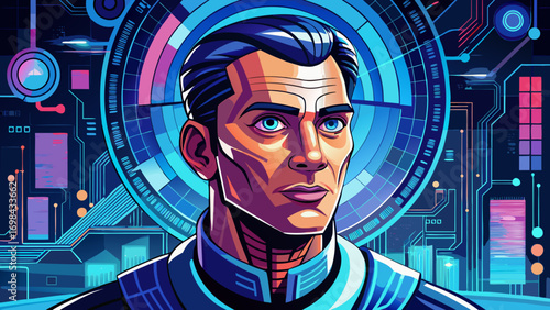 Close-up portrait of male AI specialist analyzing digital code. Isolated white background highlights intellect, innovation, and cutting-edge computing.