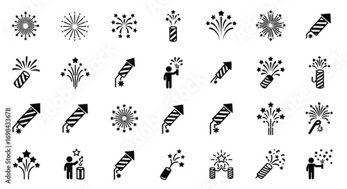Collection of black and white vector icons depicting various firework designs, including rockets, sparklers, and explosions.