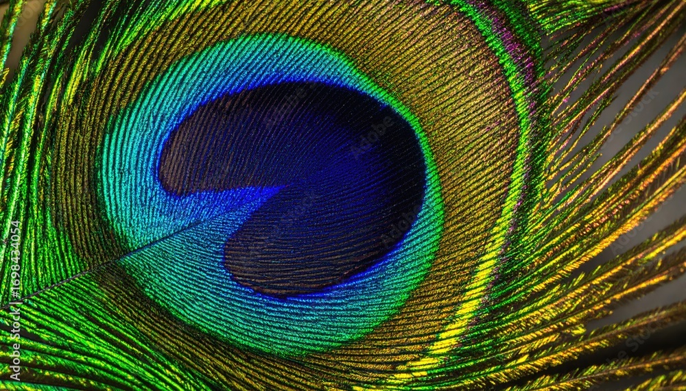 Obraz premium Vivid Peacock Feather Macro: Iridescent Blue Green and Gold Hues