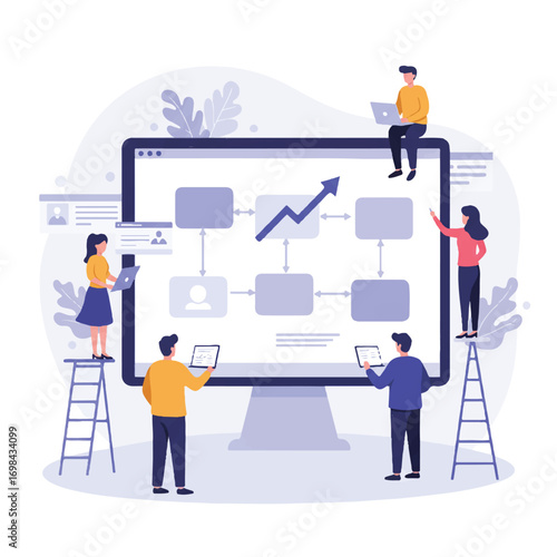 A diverse team actively collaborates around a vibrant 2D flat vector flowchart displayed on a screen, with clear arrows indicating project progress on a clean white background.