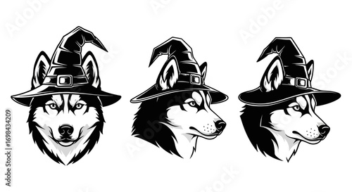 Three husky dogs wearing witch hats, each facing a different direction in a black and white illustration.