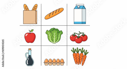A grid of grocery items including bread, milk, apple, lettuce, tomatoes, oil, eggs, and carrots on a white background.