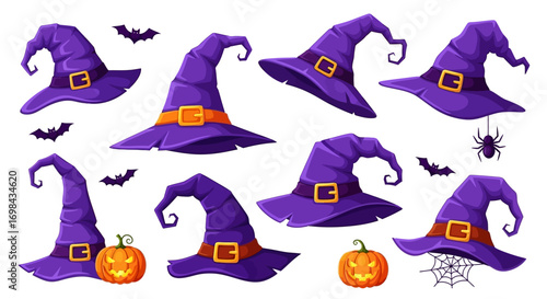 A collection of purple witch hats with orange bands, accompanied by bats, pumpkins, and a spider web, creating a Halloween themed illustration.