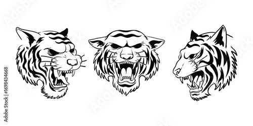 Roaring Tiger Head Vector Illustration. Front and Side Views, Wild Tiger Head Tattoo Style Vector. Black and White Design