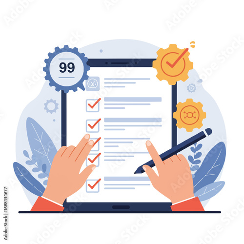 A hand holding a stylus completes steps on a vibrant digital form displayed on a tablet, featuring a progress bar and checkmarks in a clean 2D flat vector illustration.