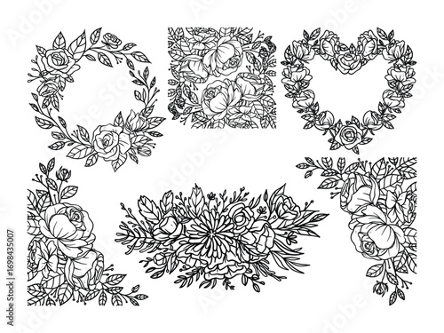 Floral Frame Vector Set. Rose Wreaths and Line Art Bouquets, Flower Border and Frame Vector. Hand Drawn Line Art Design