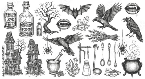 Collection of detailed vintage-style drawings depicting Halloween and witchcraft elements, including potions, a haunted house, ravens, bats, and a cauldron.