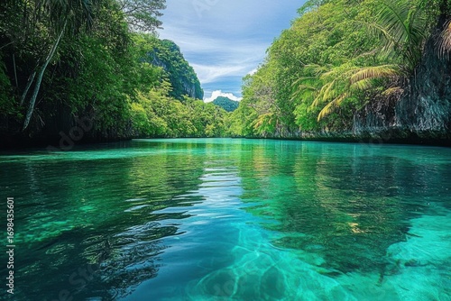 Experience stunning beauty of a tropical lagoon with vibrant greenery-