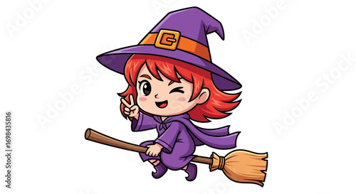 Cartoon witch with red hair flying on a broomstick, winking and making a peace sign.