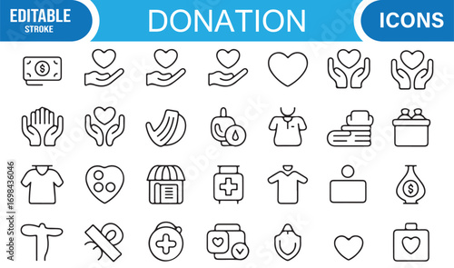 Fundraising and humanitarian aid outline icons including blood, medicine, and volunteer graphics