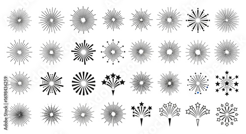 A collection of thirty-two different sunburst and firework graphic elements in black and white, arranged in a grid pattern.