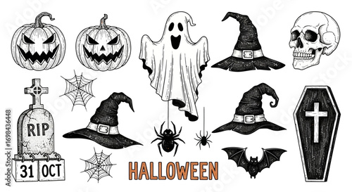A collection of Halloween-themed illustrations including pumpkins, a ghost, witch hats, a skull, a tombstone, spiders, spiderwebs, a coffin, and a bat, with ...