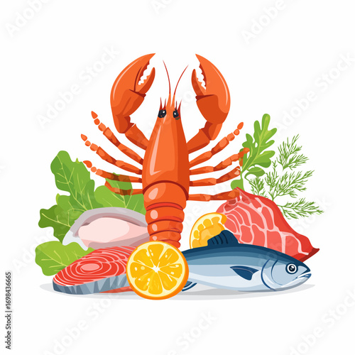 Cartoon raw seafood. Sea fish gourmet food, crayfish squid shrimp salmon crab trout shellfish, lobster, ocean red meat recipe
