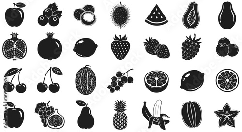 A collection of various fruits depicted as black and white vector icons, including apples, berries, watermelon, pineapple, and more.