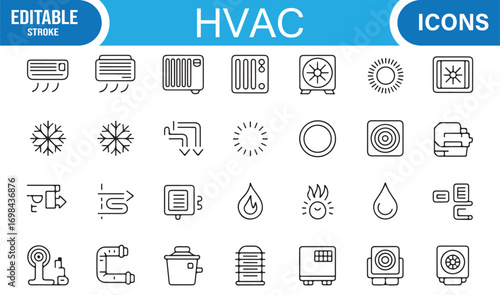 Thermal and ventilation vector icons set with airflow, hot and cold symbols, and radiators graphics