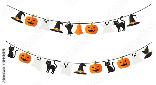 Two strings of Halloween decorations featuring pumpkins, ghosts, black cats, witch hats, and bells, hanging against a white background.