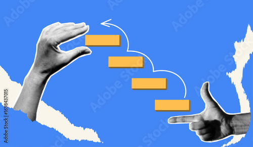 Halftone Collage Hand holding block stacking as step stair. Vector Illustration of success in business growth. 