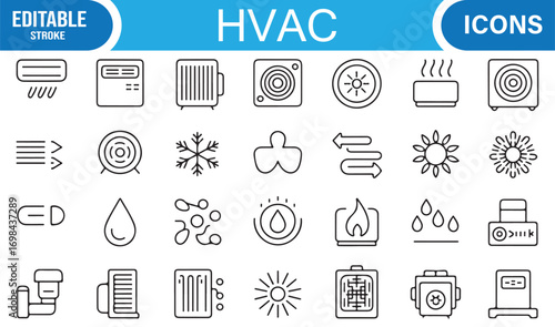 HVAC and building climate control outline illustrations with devices, energy, and comfort systems