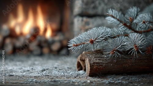 Evergreen branch and logs by burning fireplace