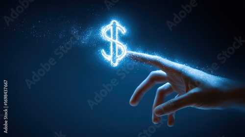 Glowing dollar sign activated by a finger touch on a deep blue background