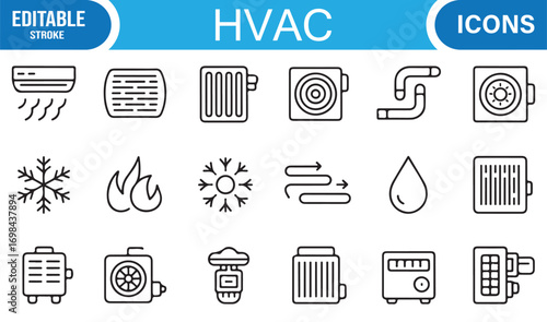 Cooling and thermal system line icons collection featuring radiators, flames, and sun illustrations