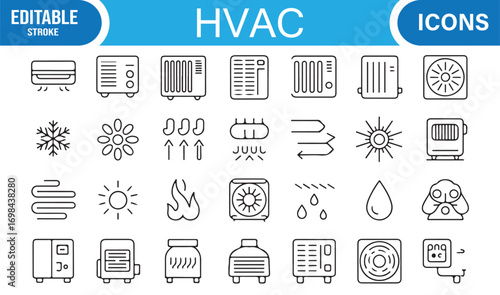 Air conditioning and heating vector icons pack with ventilation, airflow, and temperature symbols