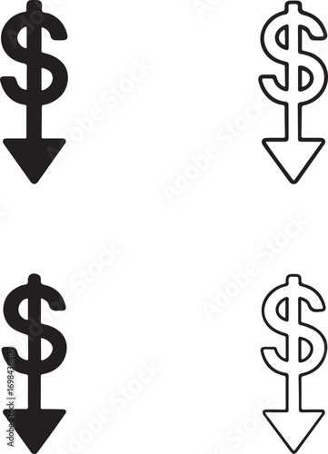 Isolated dollar down icons, black dollar decline vector, minimal finance loss silhouette, outline money down symbol, economic crisis clipart, editable vector dollar icon set