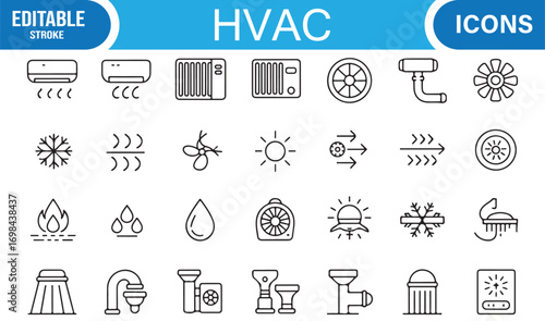 Climate control and energy outline icons including radiators, thermostat, fans, and water drops