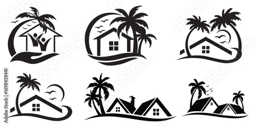 Palm Trees, set , Beach house with palm tree, Black & White House, Palm Trees Vector illustration