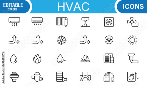 HVAC line icons set with air conditioning, ventilation, heating, and cooling system illustrations