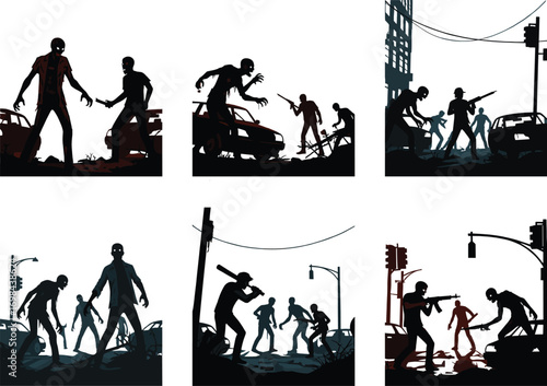 Zombie apocalypse vector illustration, urban survival scene, dramatic silhouettes of humans fighting zombies, post-apocalyptic city background, horror action concept, stock art