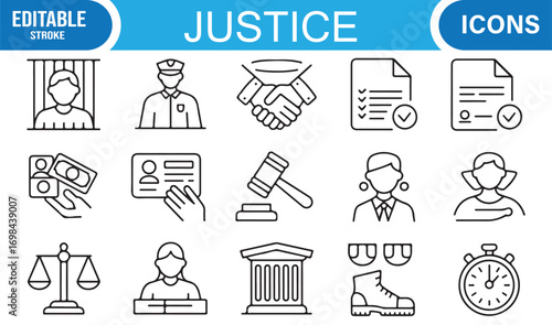 Crime and justice outline icons pack with police, legal case, verdict, gavel, and courtroom symbols