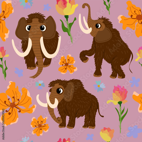 Seamless vector pattern with cute mammoth and flowers on pink background