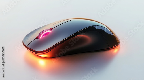 Glossy Black Gaming Mouse with Pink Scroll Wheel and Orange Base Light on White Background