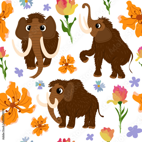 Seamless vector pattern with cute cartoon mammoths and colorful flowers on white background