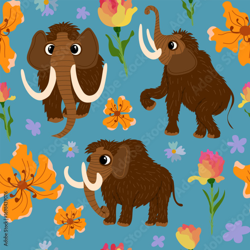 Seamless vector pattern with cute mammoth and flowers on blue background
