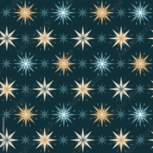 Christmas stars seamless pattern. Green geometric stars vector background. Gift wrapping paper decoration design