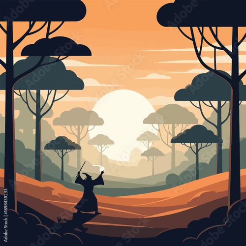 A silhouetted wizard with a glowing wand casts a spell in a mystical, stylized forest during a beautiful sunset.