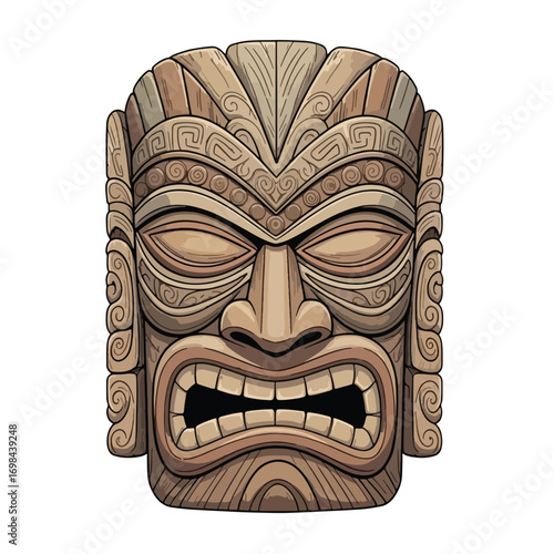 A detailed illustration of a fierce-looking wooden tiki mask with intricate carvings and a menacing expression.