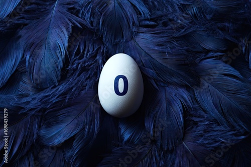 White egg with the number zero symbol resting on dark blue feathers.