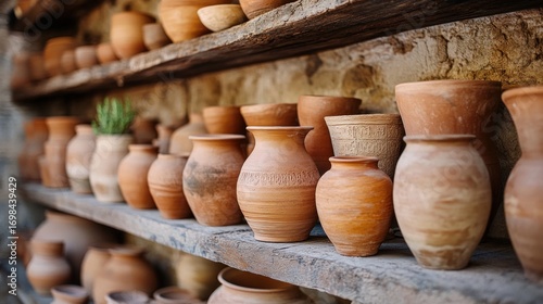 Rustic pottery display on wooden shelves