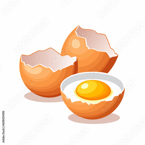 Fresh and boiled eggs. Cartoon broken eggs with cracked eggshell and egg half with yolk.