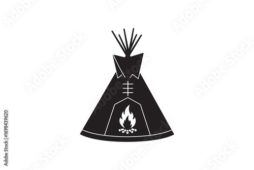 Teepee with Campfire Silhouette Tribal Tipi Tent with Fire Icon