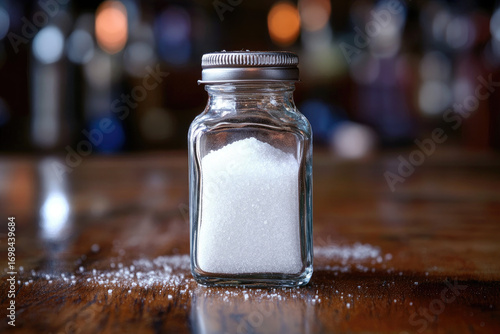 Clear Glass Salt Shaker with Metallic Lid on Wooden Surface in Kitchen Setting